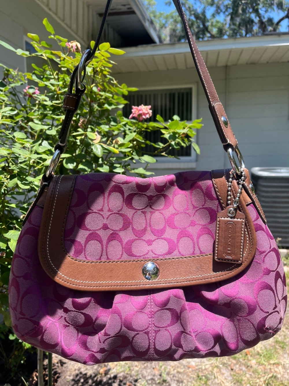 Coach Soho  Magenta Signature Canvas Shoulder Bag with Brown Leather Trim
